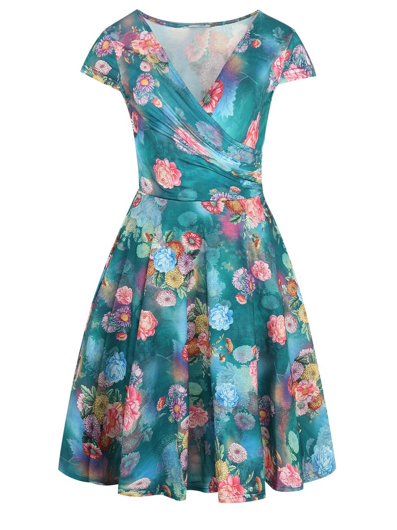 oxiuly Women's V-Neck Cap Sleeve Floral Casual Cocktail Party Swing Dress OX233 (L, Green) - Image 2